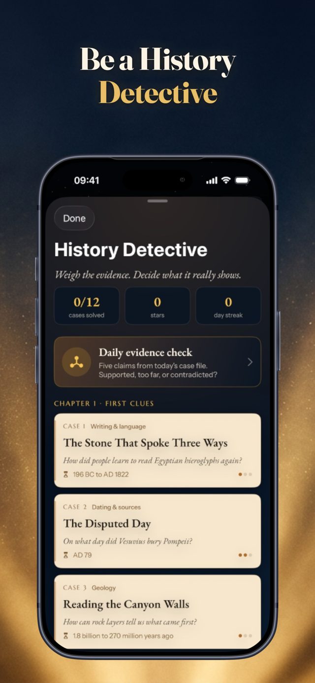 History Detective case list showing Chapter 1 and the Daily Evidence Check