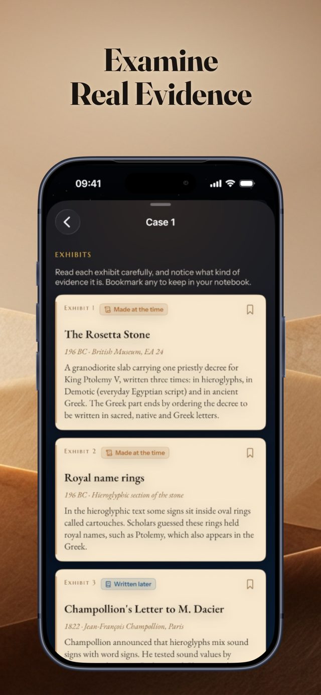 Evidence exhibits from the Rosetta Stone case, each labelled by kind of evidence