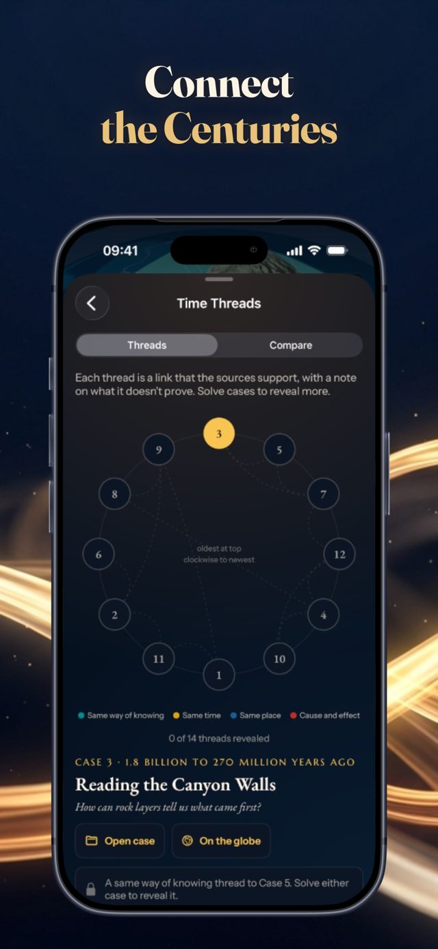 Time Threads screen linking solved cases with sourced connections